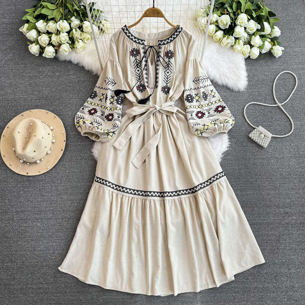 2026 Women's Seaside Vacation Skirt Beach Skirt Super Elf like Ethnic Style Embroidered Lantern Sleeves Floating Long Skirt