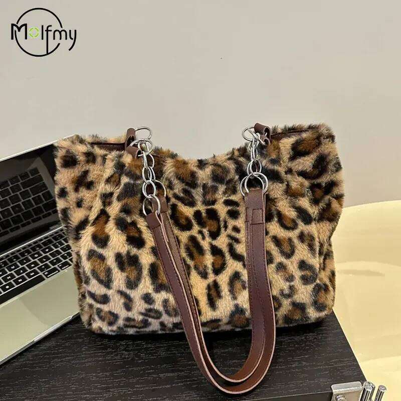 Plush Underarm Handbag Women Leopard Tote Bags Lady Luxury Fluffy Shoulder Chain Large Capacity Commuter Handle Bag XJ260306