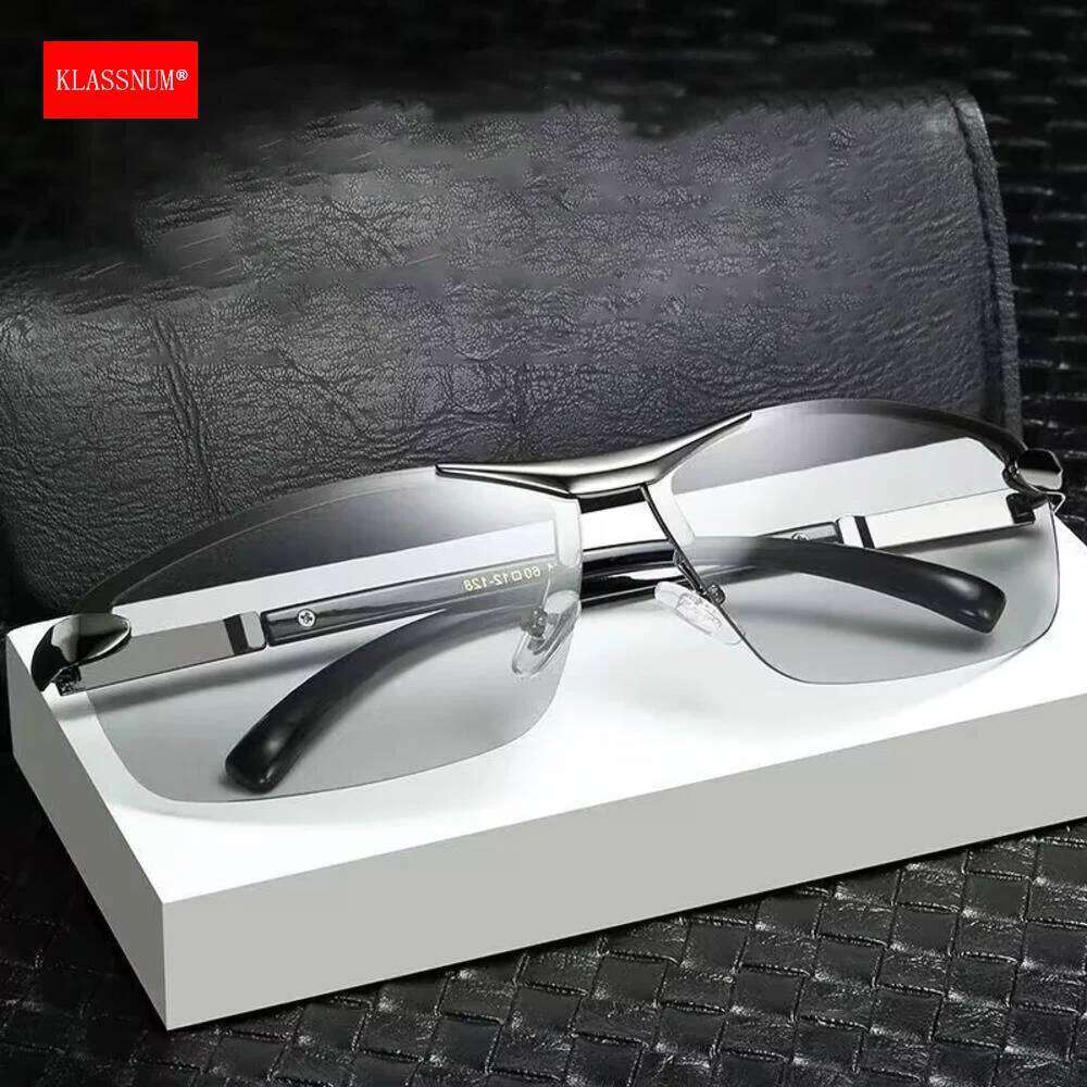 KLASSNUM Men Fashion Fit Rimless Sunglasses Photochromic Sun Color Changing Polarized Fishing Car Driving Yellow Glasses Z260306