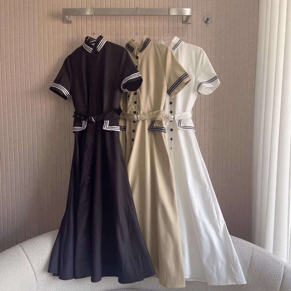 2026 Spring and Summer New Designer Fashion Women's Casual Ribbed Collar Women's Short sleeved Dress with Belt