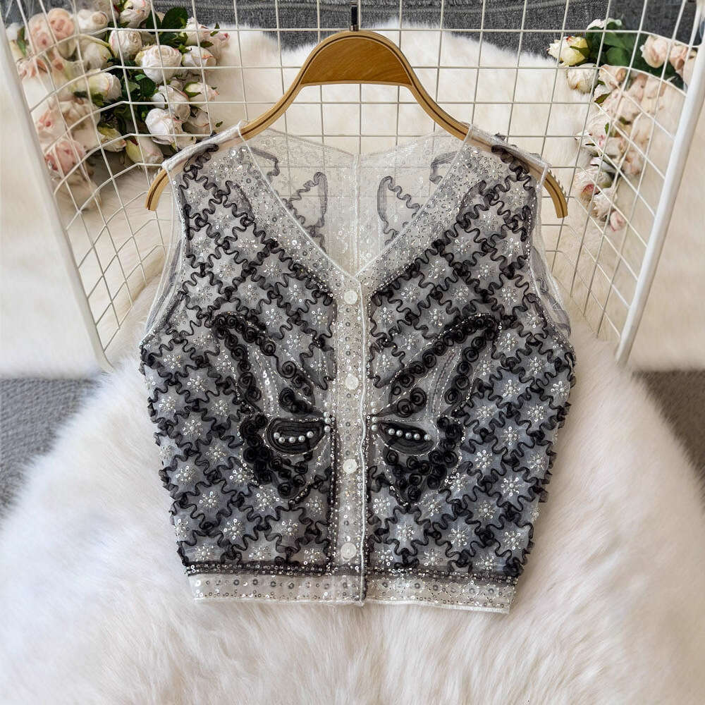 2026 Spring and Summer New French Heavy Industry Pearl Sparkle Sleeveless Tank Top for Women, Slim and Elegant Style