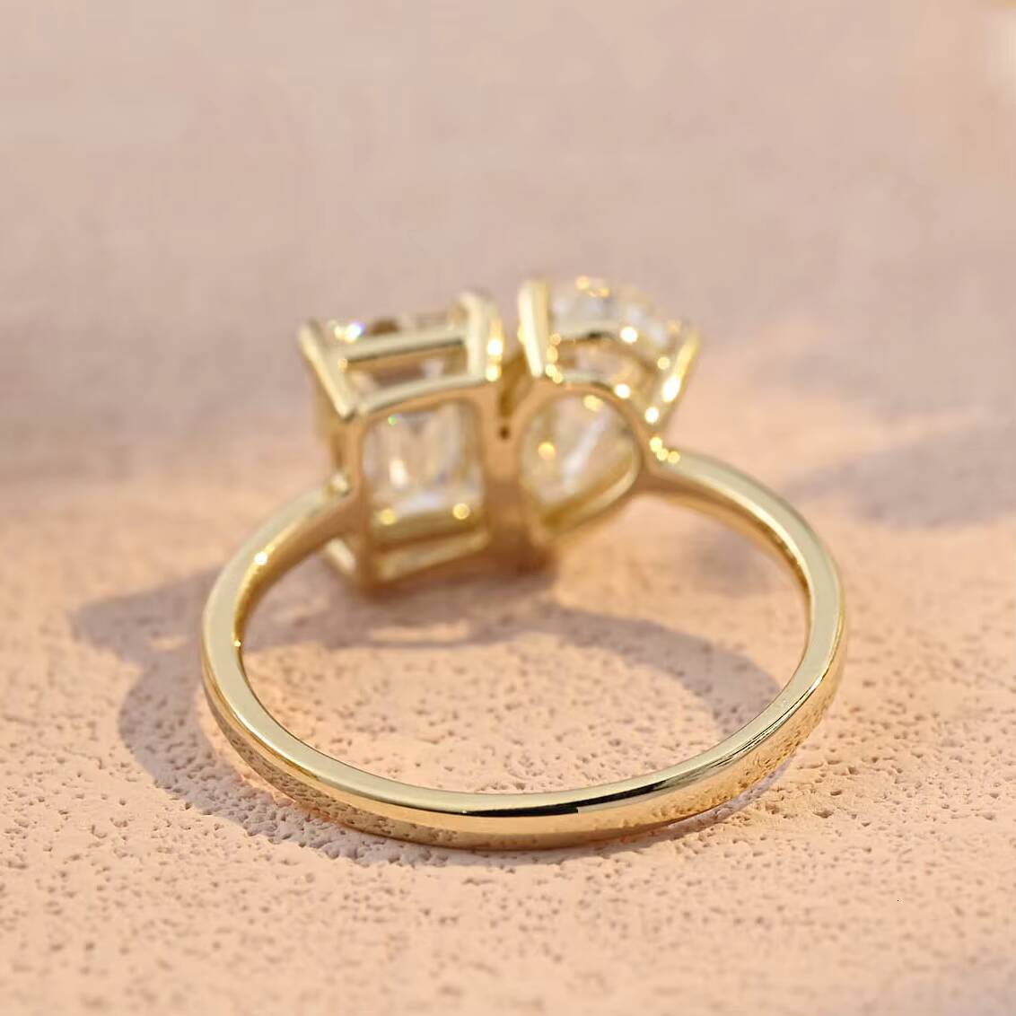 MaiYi Toi Et Moi Pear and Emerald Cut Moissanite Ring 14K Yellow Gold Rose Gold Diamond Ring for Woman