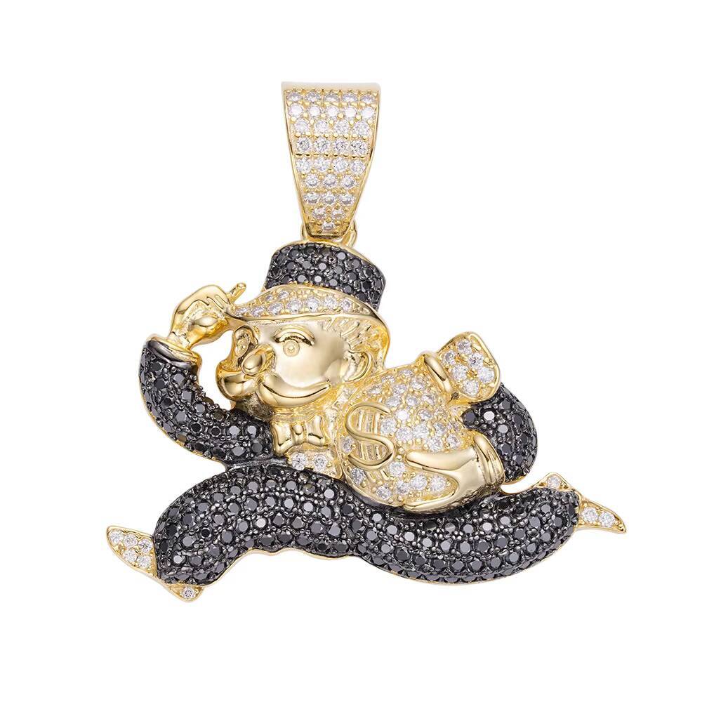 Rapper Hip Hop Jewelry S925 Silver Iced Out Real Gold Plated Black Moissanite Monopoly Running Clown Money Bag Pendants for Men