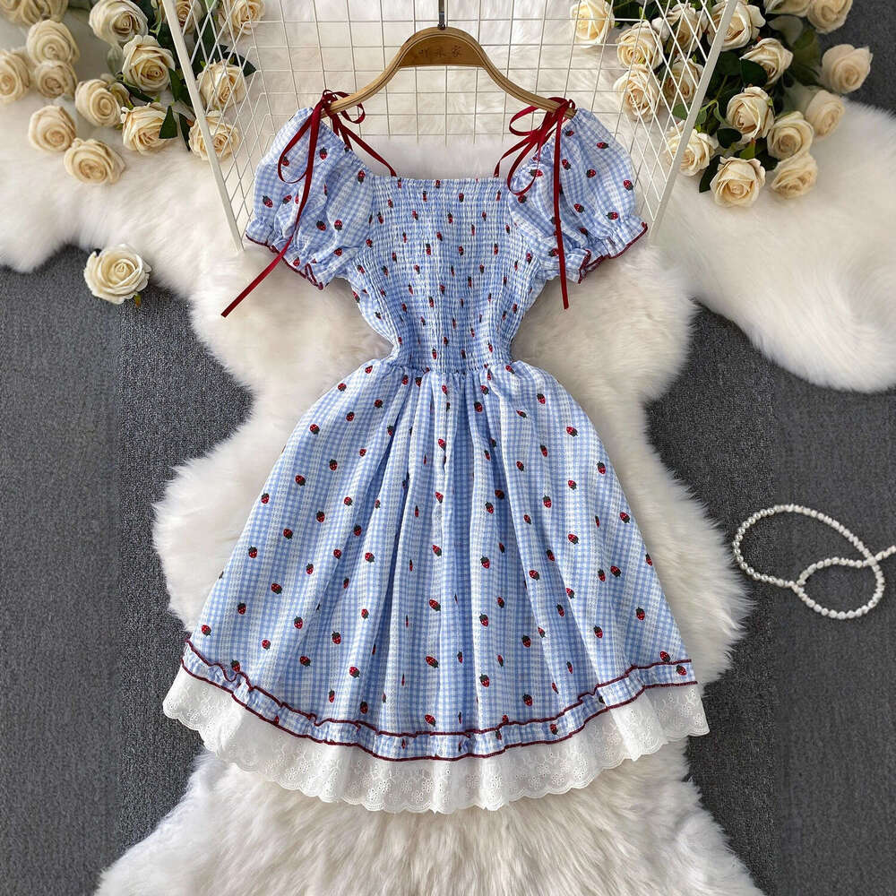 2026 Designer Women's French Plaid Sweet Lace Bordered Square Neck Bubble Sleeves Summer Butterfly End Waist Slimming Dress