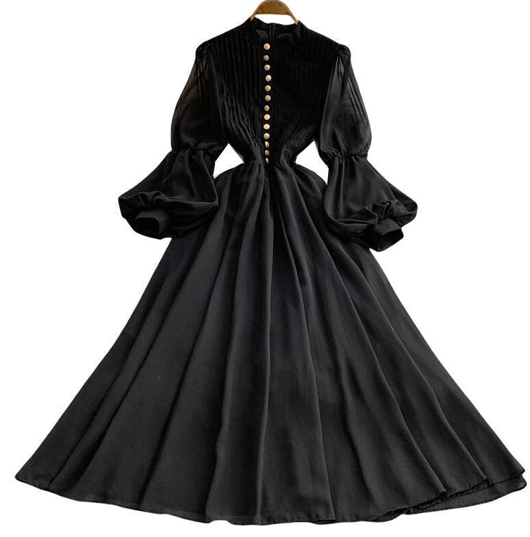 Elegant designer lantern sleeve chiffon women's dress 2026 new high-end niche pleated slim fit style