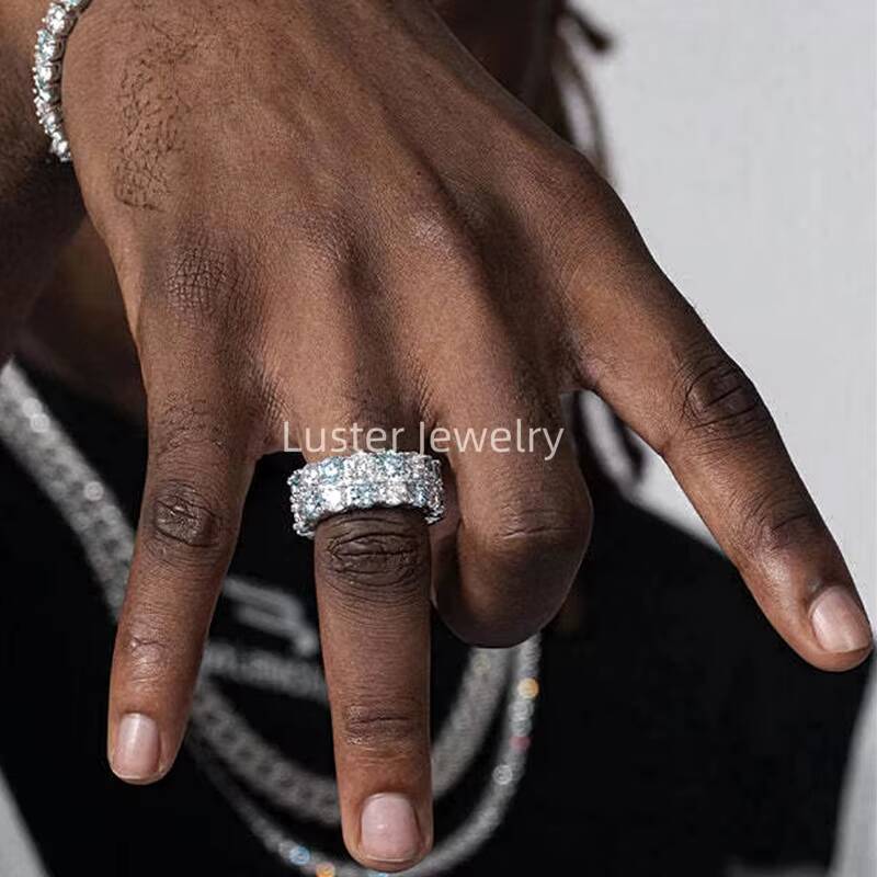 Luster Jewellery Sterling Wedding Band D White and Blue Moissanite 925 Men Silver Ring