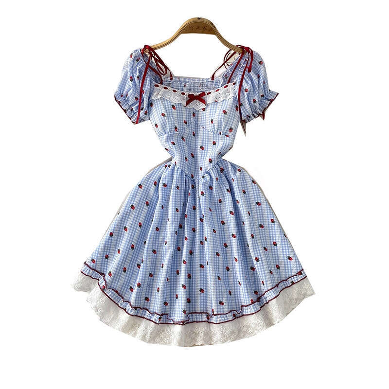 2026 Designer Women's French Plaid Sweet Lace Bordered Square Neck Bubble Sleeves Summer Butterfly End Waist Slimming Dress