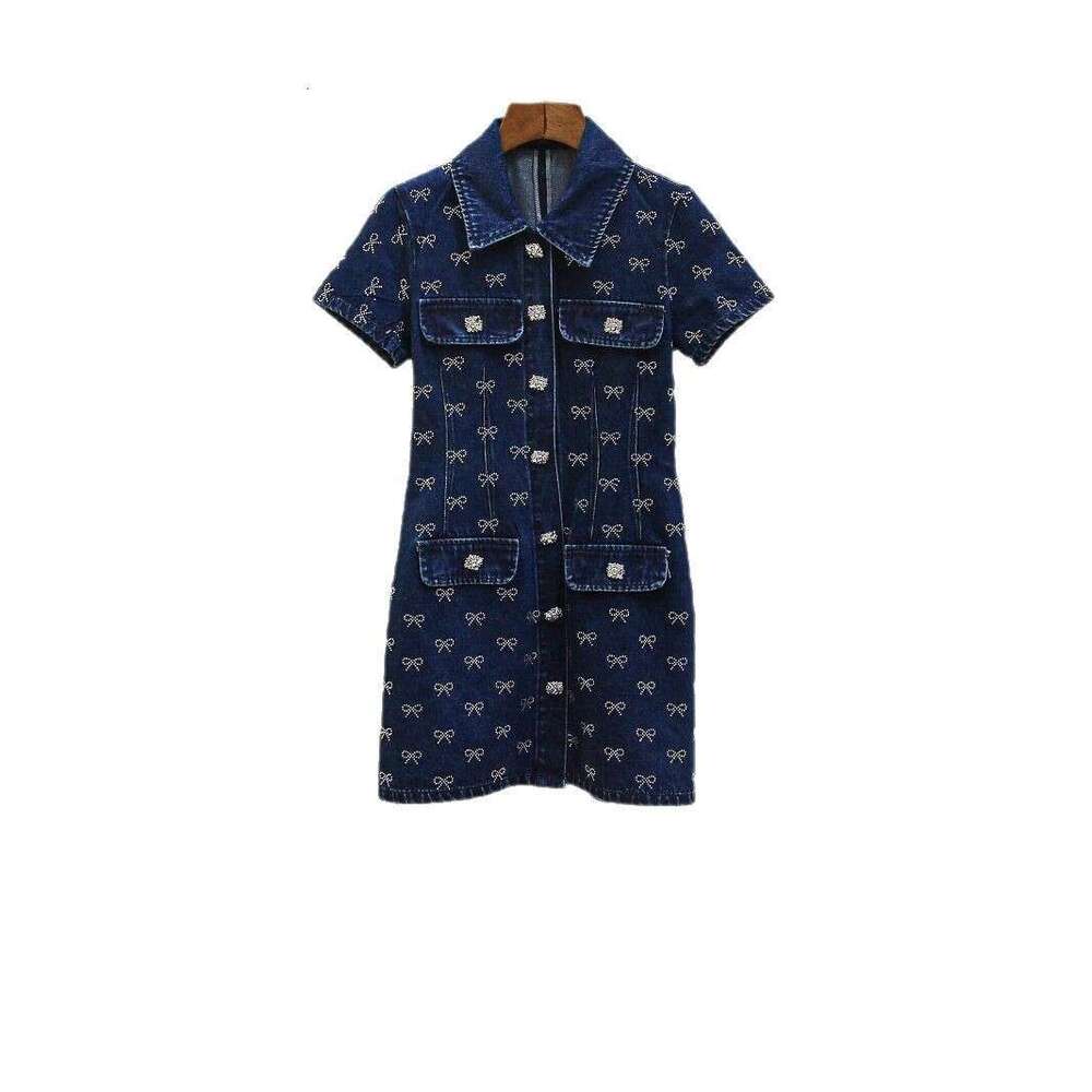 2026 Spring and Summer New Casual Style Young Collar Sleeve Single breasted Water Diamond Bow Cowboy Dress Short Skirt