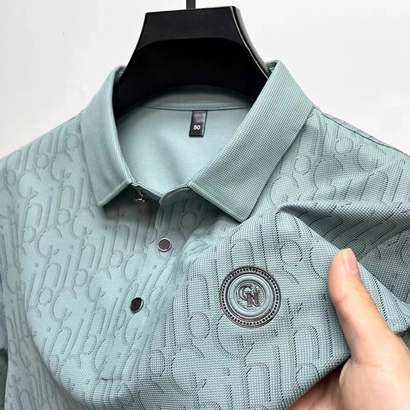 High end ice silk mens polo shirt short sleeve summer cool and breathable lapel T-shirt fashionable printed casual top 260305