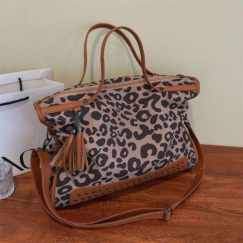 Fashion Leopard Pattern Women's Handbag Retro Rivet New Large Capacity Multi Functional Travel Shoulder Crossbody Bag XJ260306