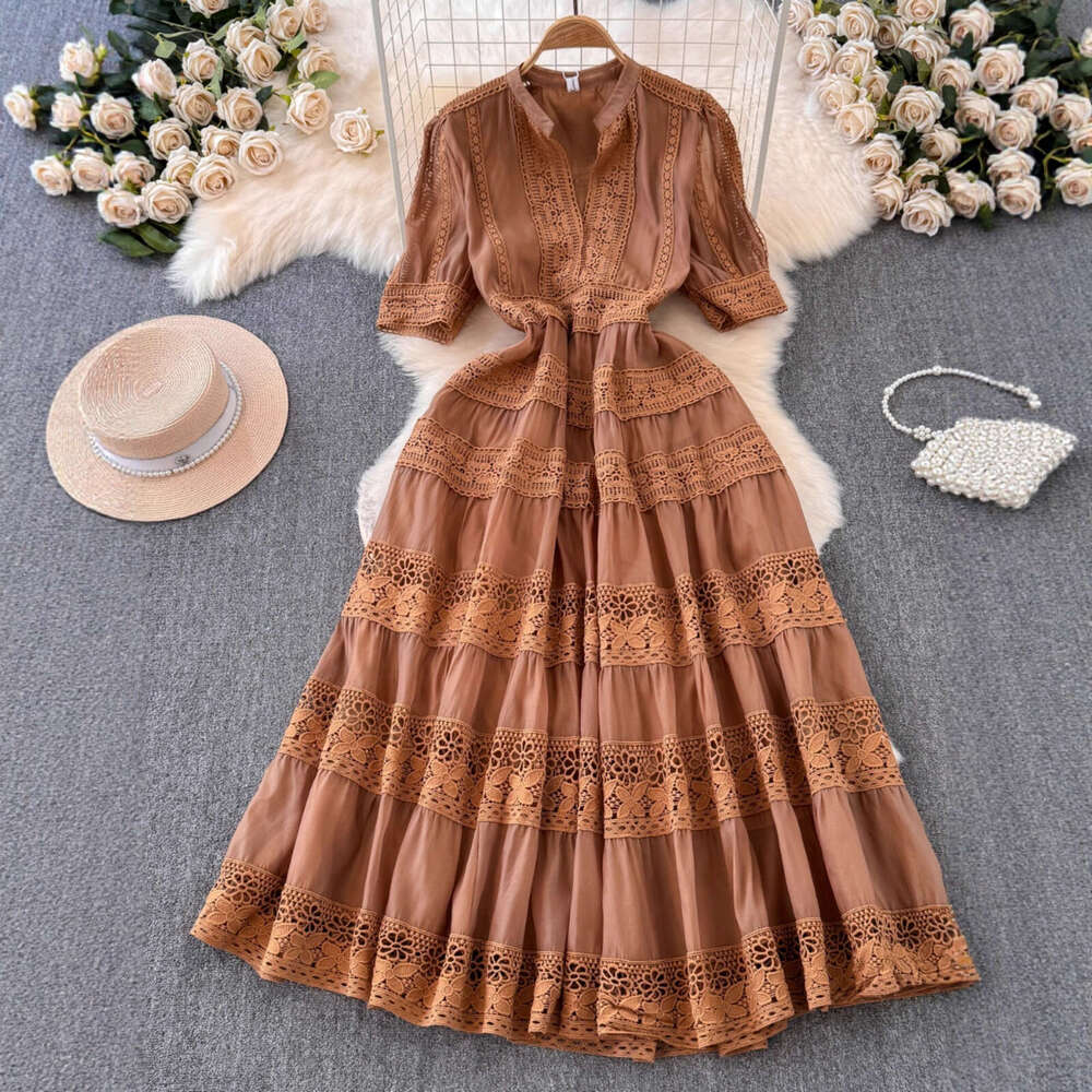 2026 French Spring/Summer A12 Elegant Women's Dress, Unique Hollow Lace Splicing Bubble Sleeve Long Dress