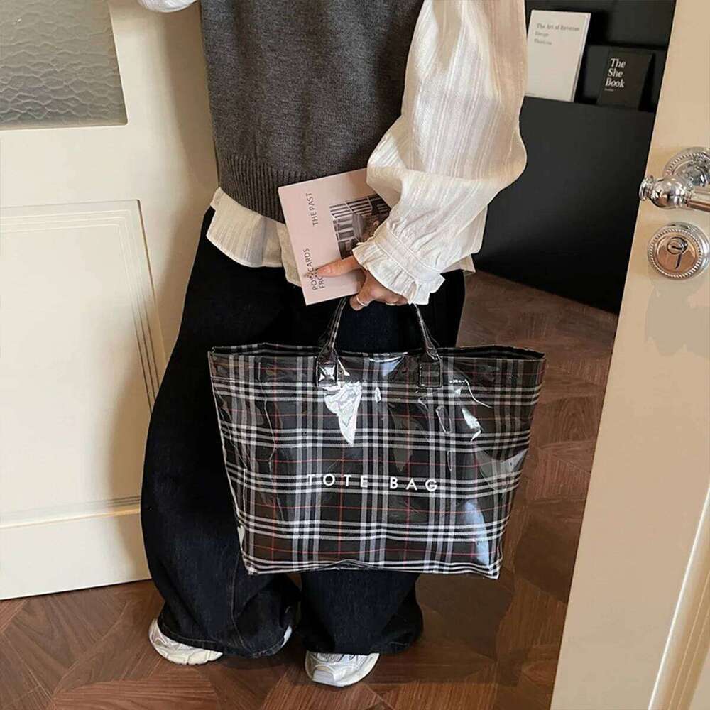 Fashion Geometric Tote Bag Clear Overlay Letter Print Large Capacity Velcro Internal Zipper Pocket for Commute Shopping XJ260306