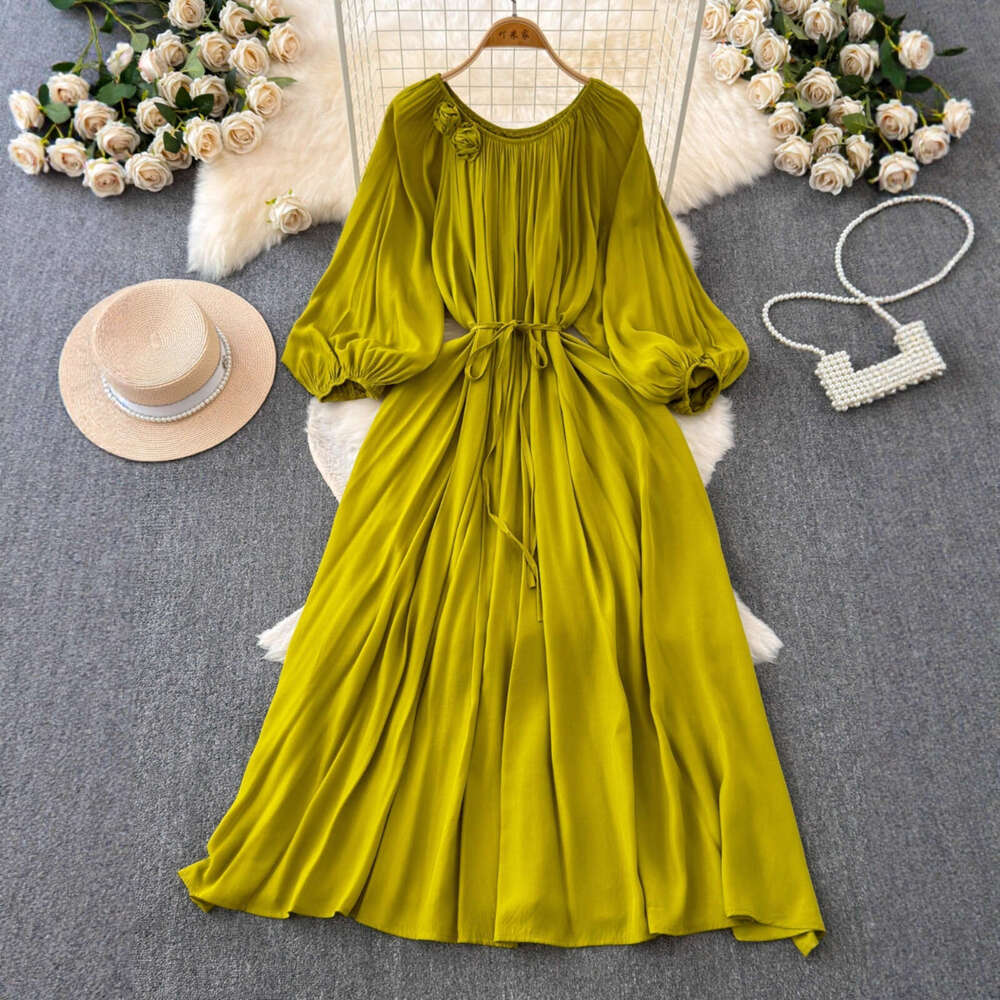 Designer's high-end elegant ladylike temperament fashionable lantern long A12 sleeved round neck waist cinched slimming tie waist A-line smooth d