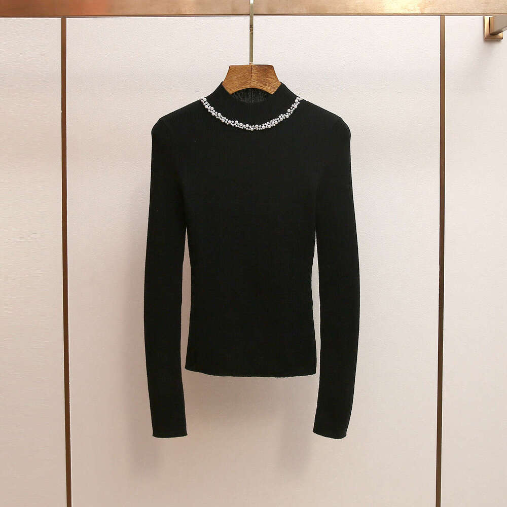 2026 designer high-end women's clothing autumn and winter new style French minimalist pearl decoration semi high neck slim knit top