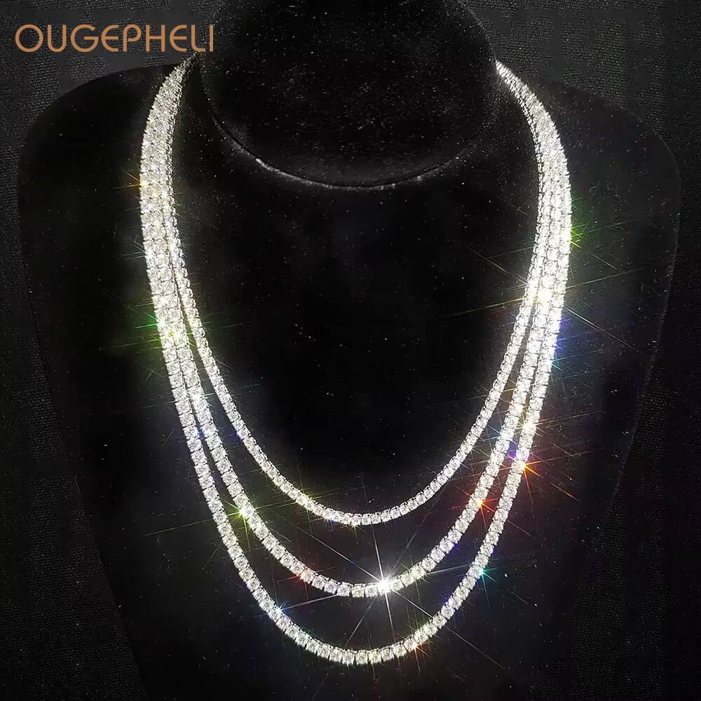 OUGEPHELI Moissanite Tennis Chain Necklace S925 925 Sterling Silver GRA VVS D Color 14K 18K Gold Plated Wholesale Custom