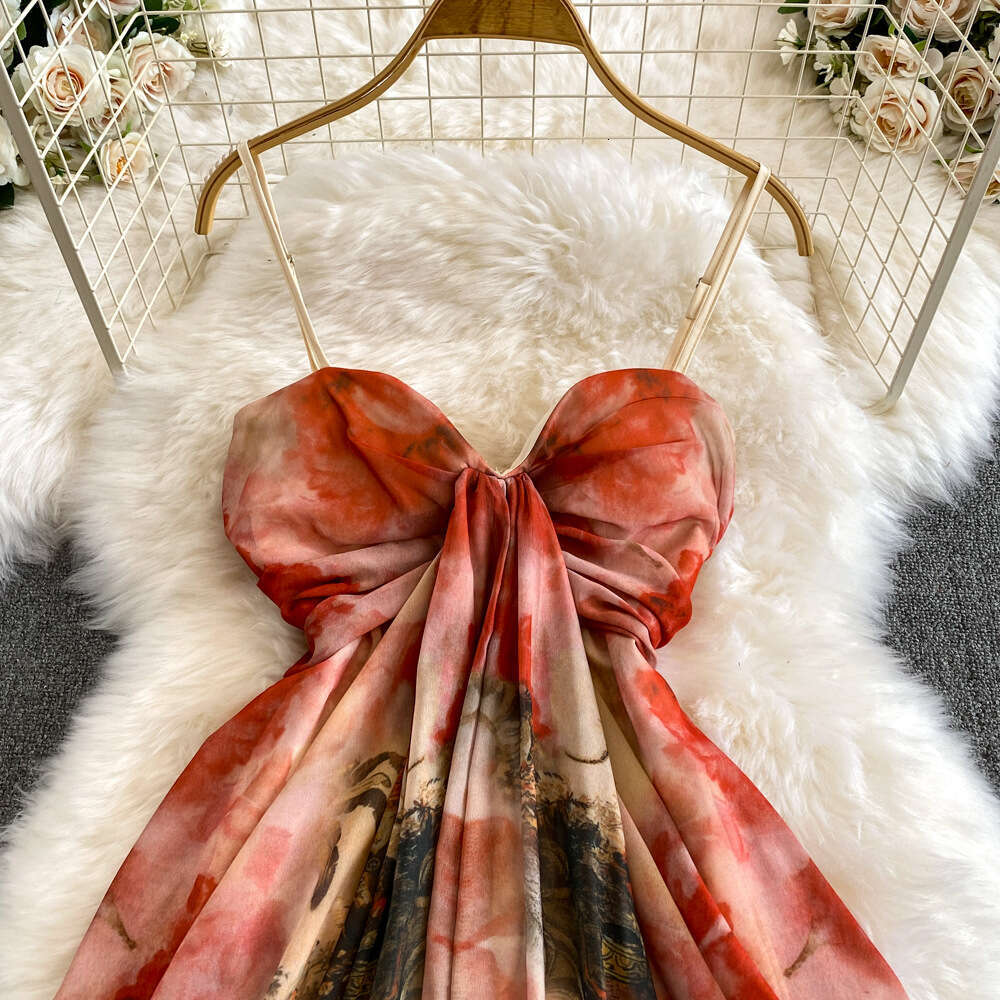 2026 designer niche high-end women's tie dye printed vest dress French pure sexy V-neck backless strapless long style