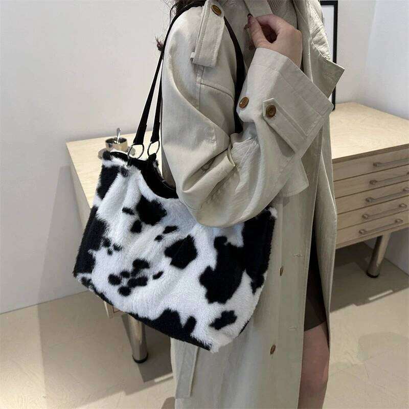 Large Capacity Shopper Bags For Women Winter Travel Tote Cow Printing Plush Shoulder Bag Ladies Handbag Designer Bolsos XJ260306