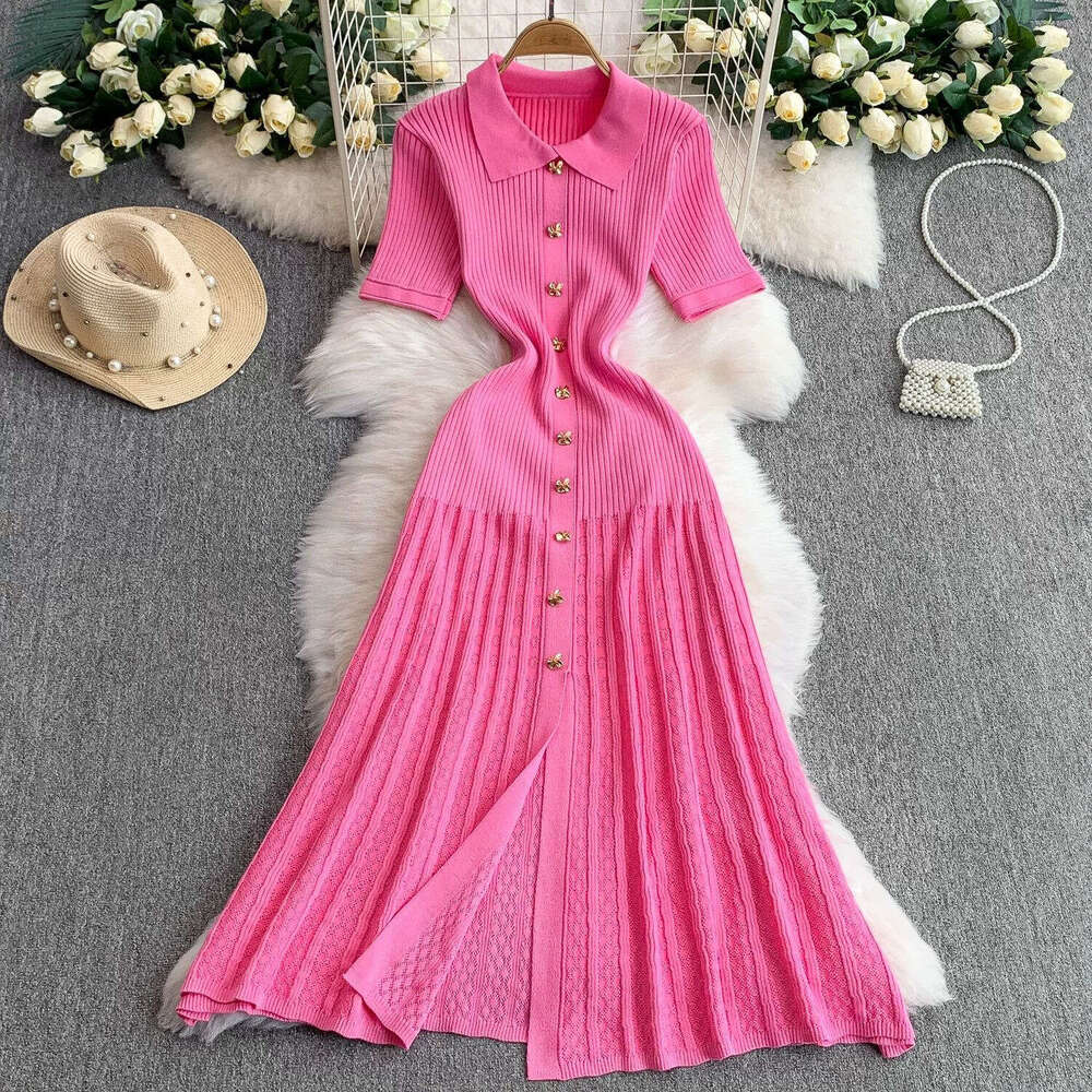 Elegant women's style short sleeved A-line new metal buckle waist slimming fish tail cut knitted dress 2026