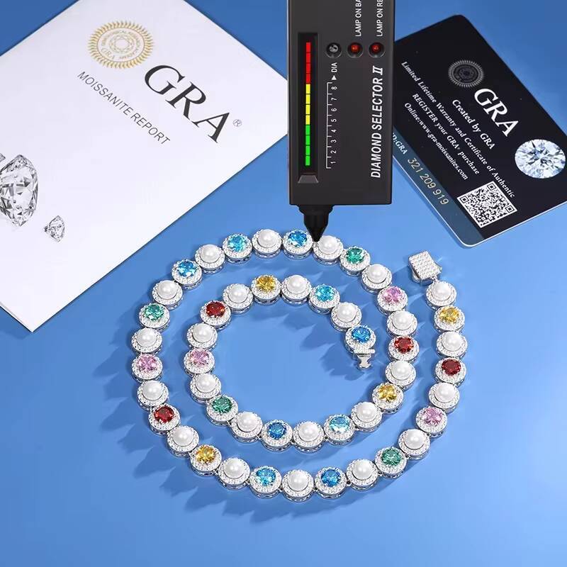 95 MM Gold Plated S925 Sterling Silver Moissanite Diamond Multi-Color Pearl Hip Hop Chain Necklace for Men Women