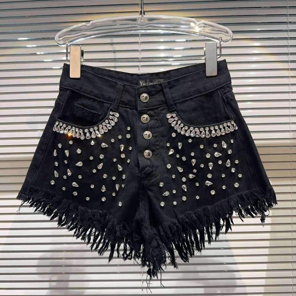 Spring Autumn Rhinestones Diamonds Beaded Jeans Tassels Edge Denim Shorts Crystal Fringed Hot Pants Sequined Cowboy Trousers XJ260306