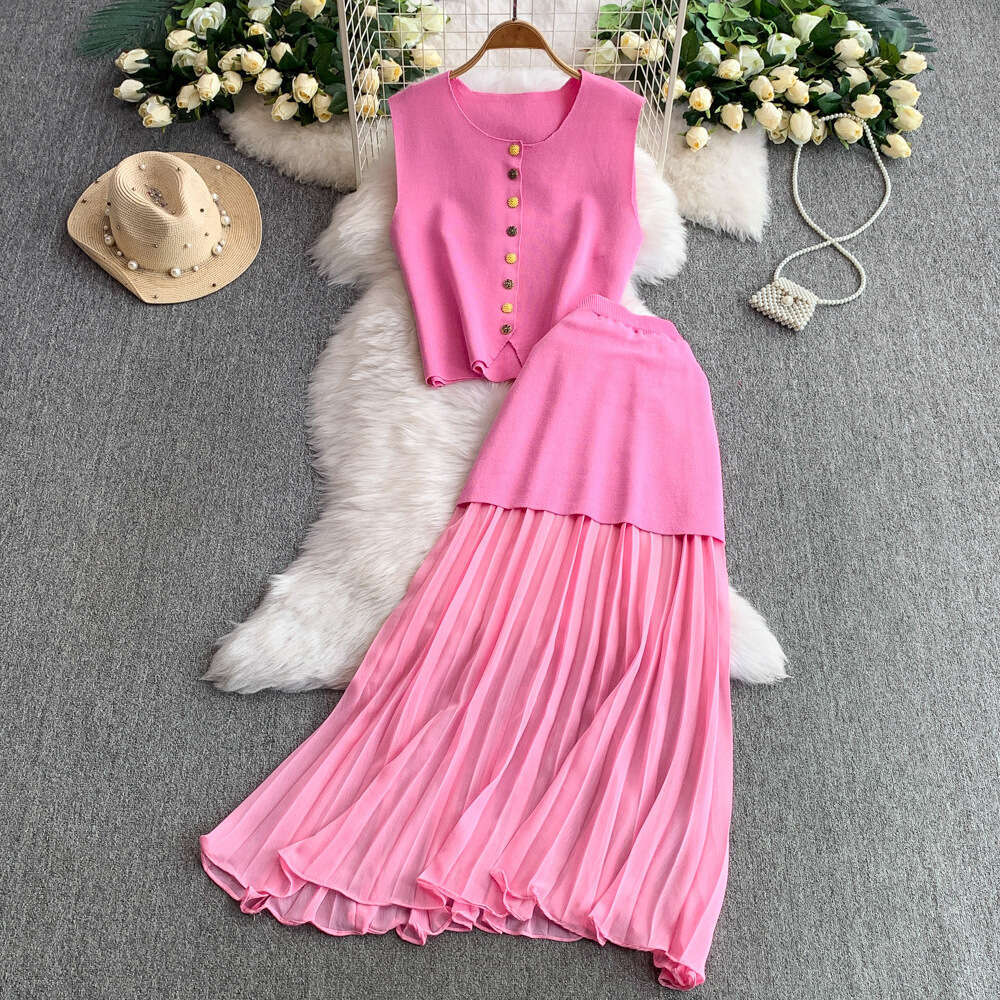 2026 Spring and A13 Summer European and American French New Knitted Dress Sleeveless Tank Top High Waist Skirt Set
