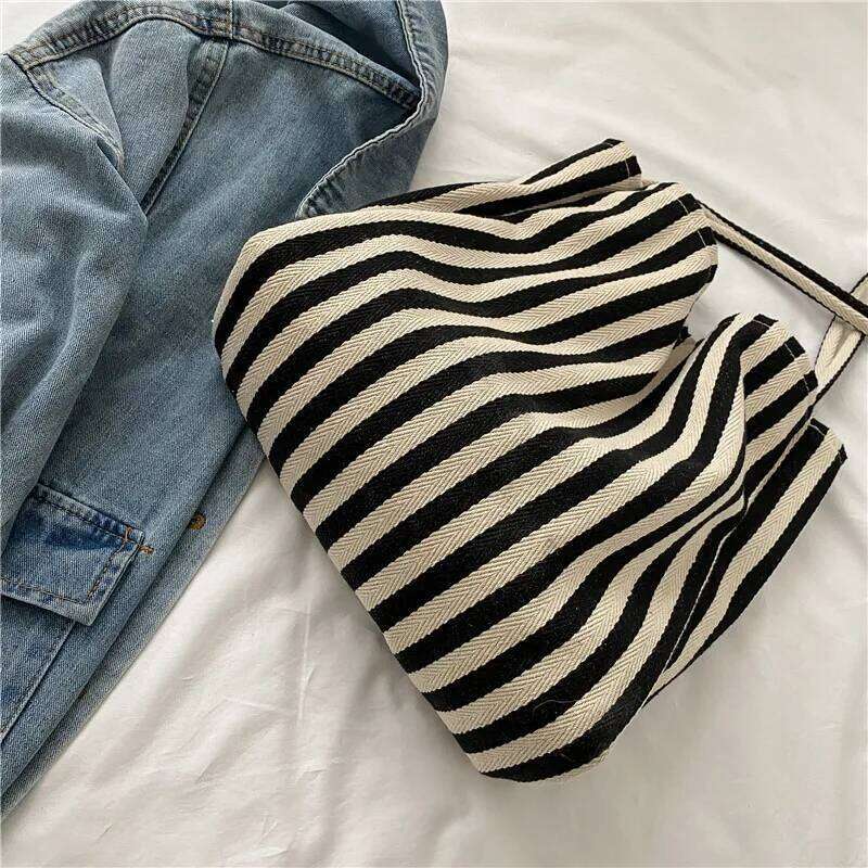 Female Casual Multifunctional Travel Top-handle Handbag Large Capacity Canvas Women Shopper Tote Simple Striped Shoulder Bag2025 XJ260306