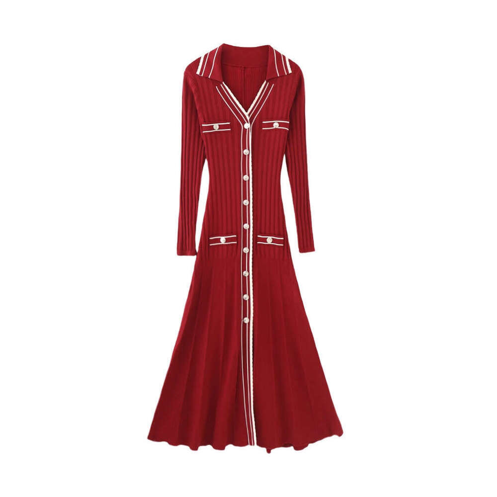 2026 designer French women's dress new waistband long sleeved slit knitted retro long skirt