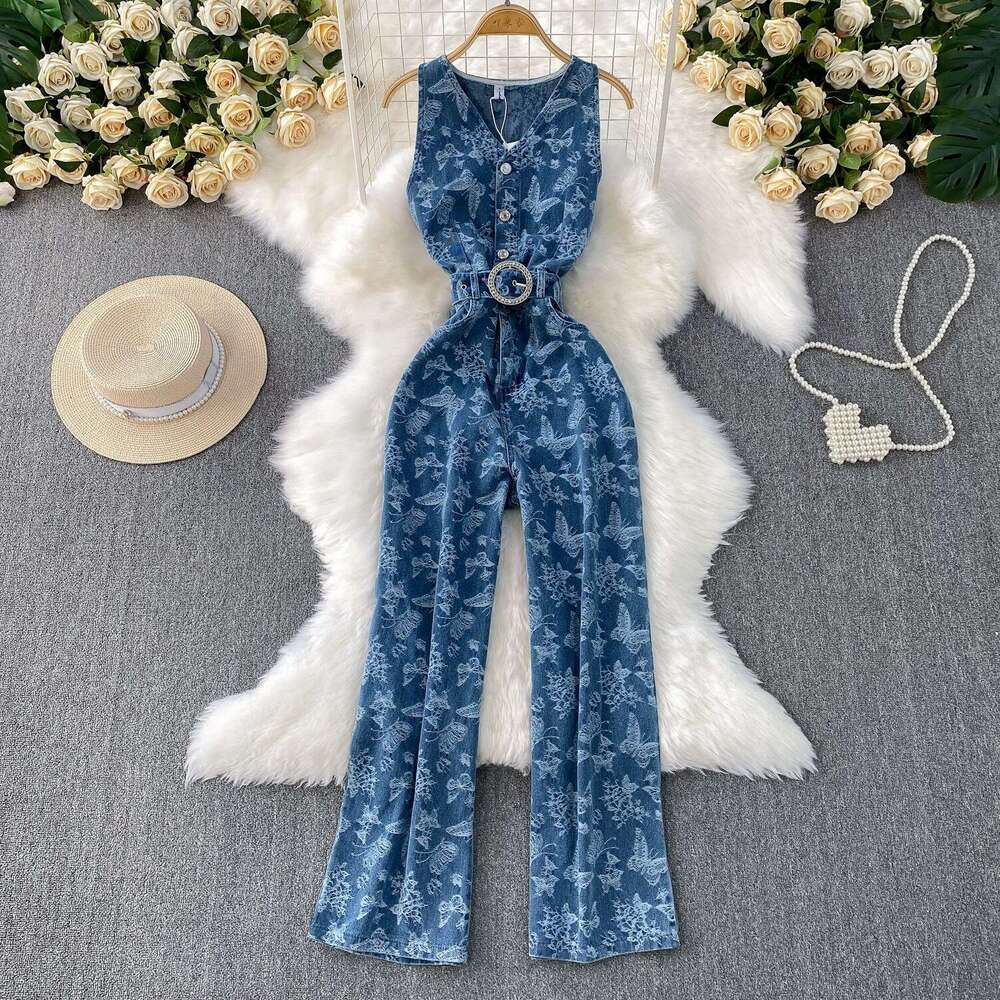 2026 Spring and Summer New Retro A12 Jacquard Women's Cowboy High end Waist Tightening Casual Straight Wide Leg jumpsuit