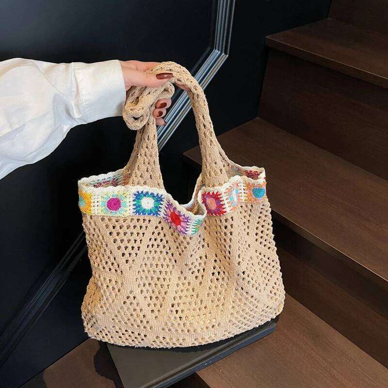 Bohemian Handmade Beach Tote Colorful Beads Floral Trim Natural Straw Crochet Shoulder Women Casual Bag for Travel XJ260306