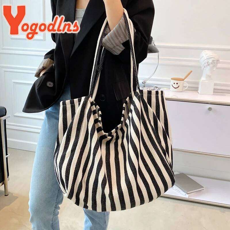 Large Capacity Canvas for Women Fashion Striped Shoulder New Top-handle Travel Bag Shopping Tote Bolsa XJ260306