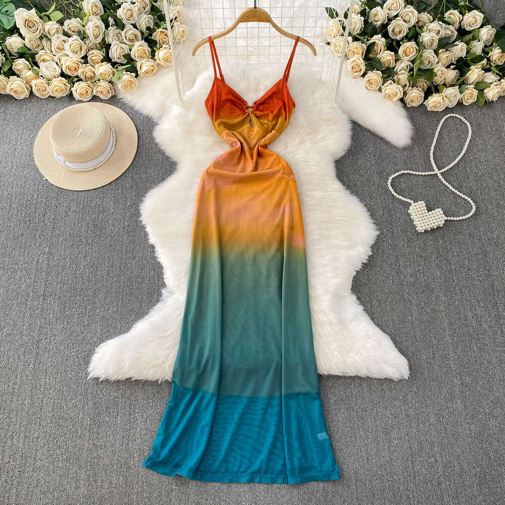 2026 vacation style sexy V-neck women's vest summer high-end gradient color slim fit pure desire a20 mesh dress