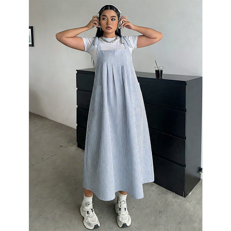 Q0118 summer new large size striped strap dress fat mm loose age reduction casual solid color medium and long dress