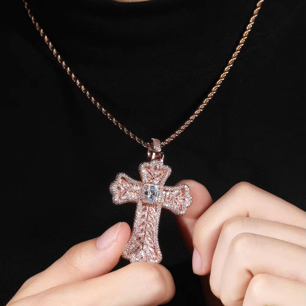 Personalized Fashion New Design Hip Hop Jewelry Colorful Ear of Wheat Shape Rainbow Zircon Cross Pendant Necklace for Women Men