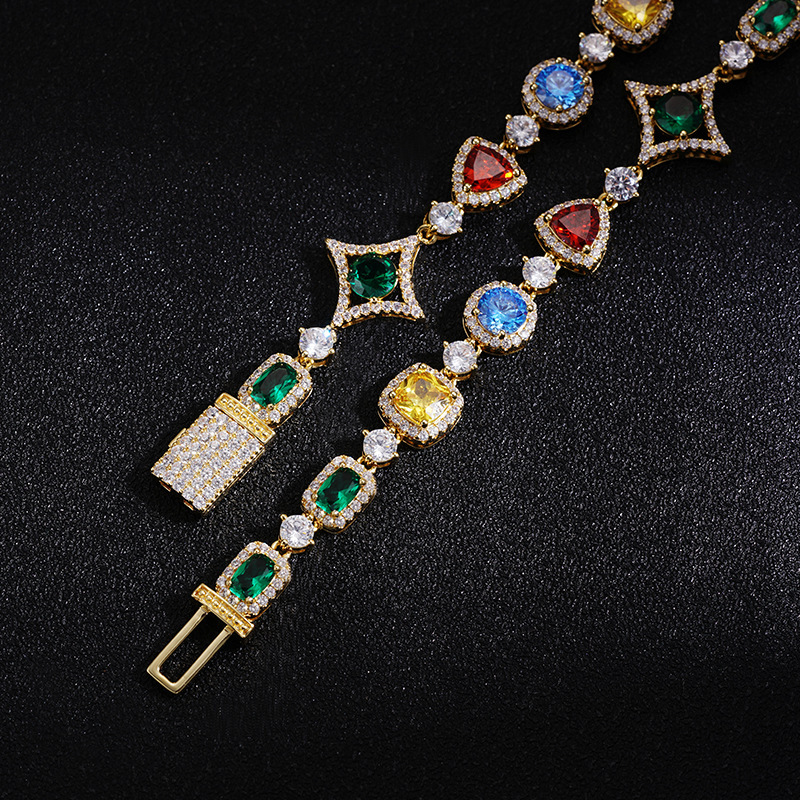 designer Cross-Border Jewelry Colorful Gemstone Bracelet European and American Hot Selling Diamond-Encrusted Hip-Hop Necklace Niche Tennis Chain Colla