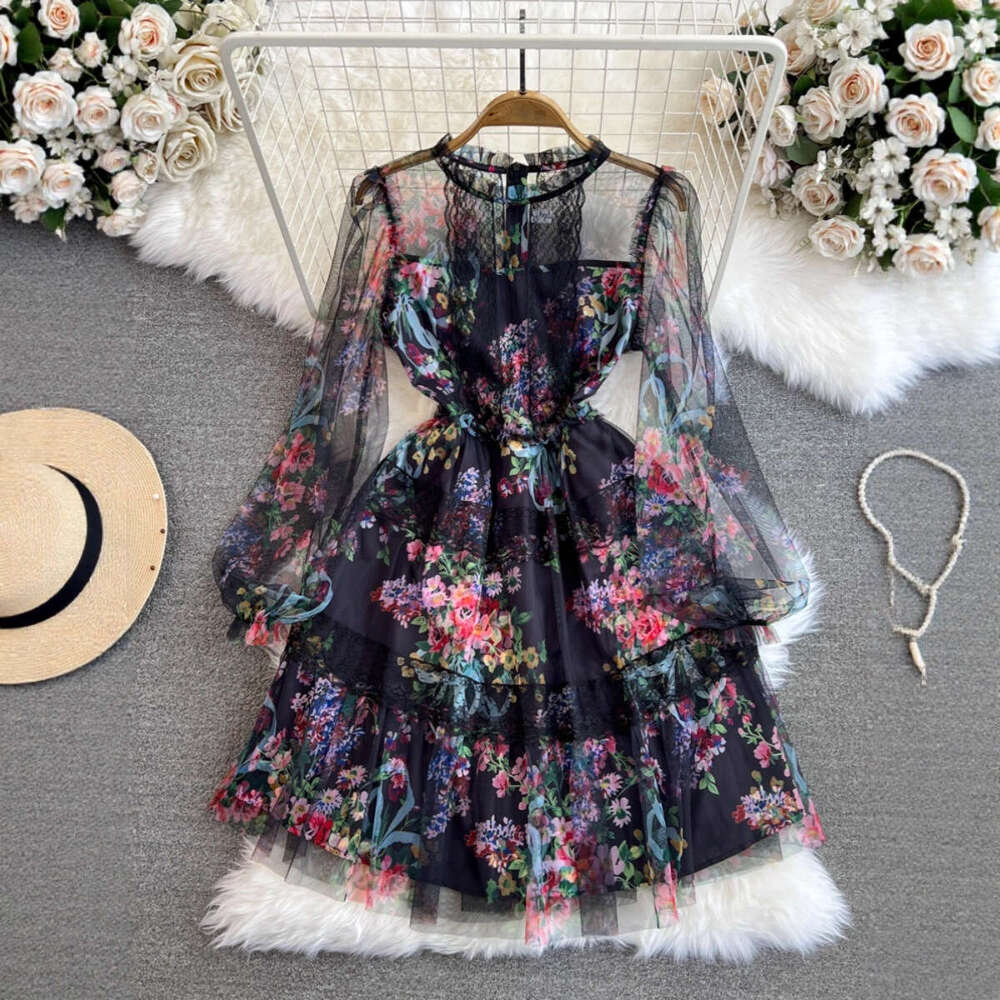 2026 spring A12 and autumn high-end elegant long sleeved round neck waist slimming A-line mesh printed dress