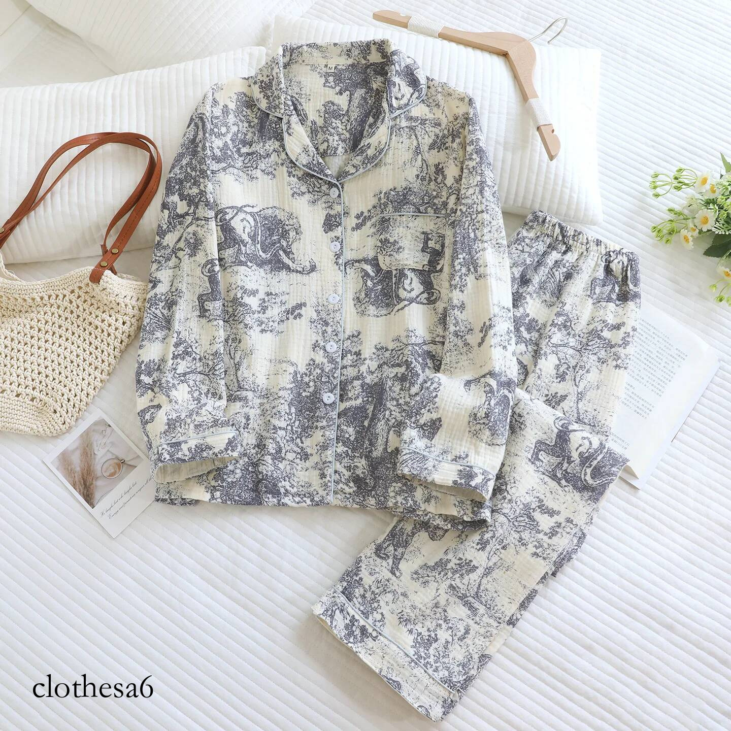 Cotton Double-layer Gauze Sleepwear for Women's Spring and Autumn Thin Long Pants Breathable Two-piece Home Clothes Set