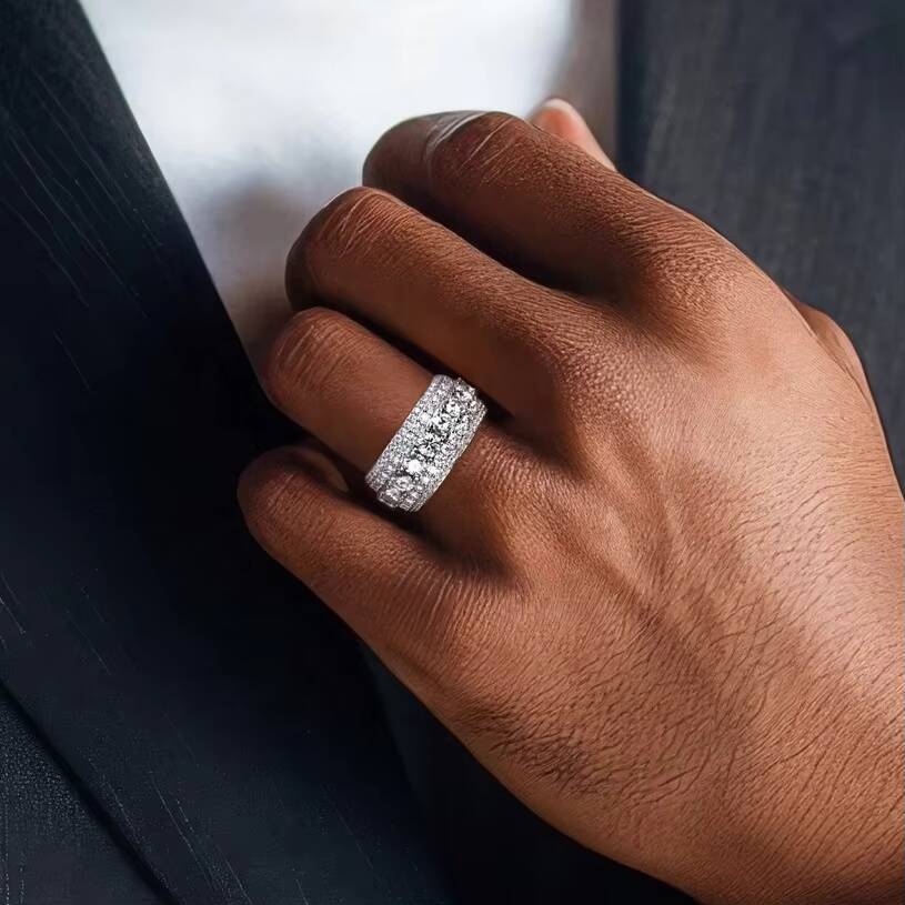 925 Sterling Silver European American Hip-hop Cuban Full Body Moissanite Mens Wedding Ring