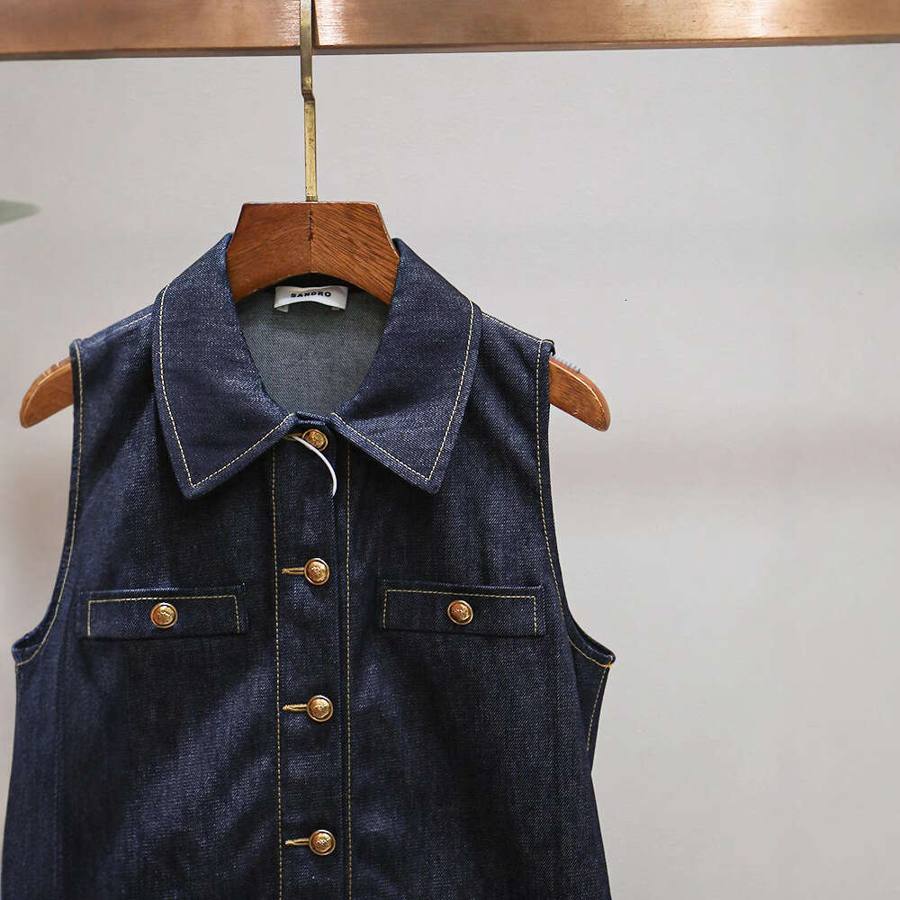 2026 Spring and Summer New Hepburn style pleated skirt patchwork single breasted sleeveless vest straight tube dress