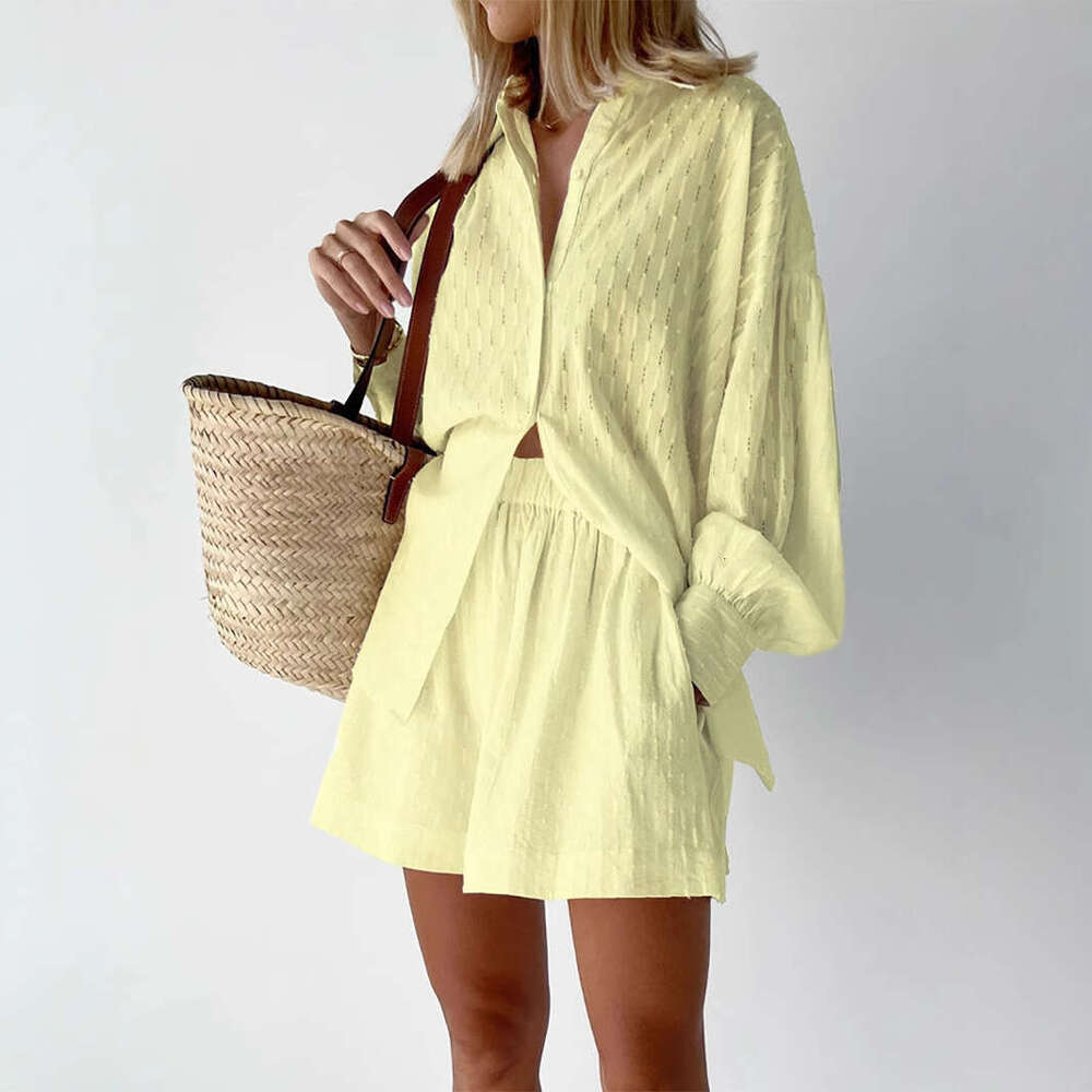 2026 Spring and Autumn Women's Fashion European and American Style Jacquard Puff Sleeves Elegant Top Shorts Design Casual Set