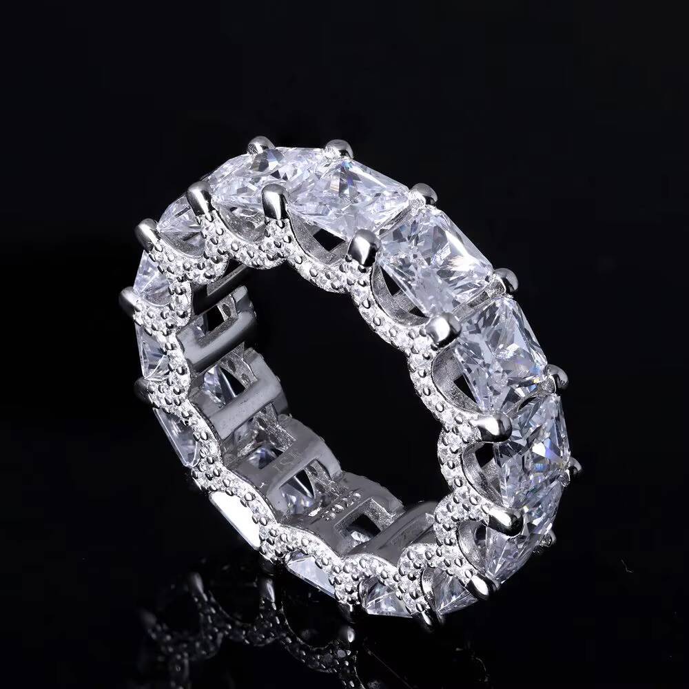 Hot 925 Sterling Silver Eternity Crown Molding Princess Cut Moissanite Gemstone Band Ring for Engagement