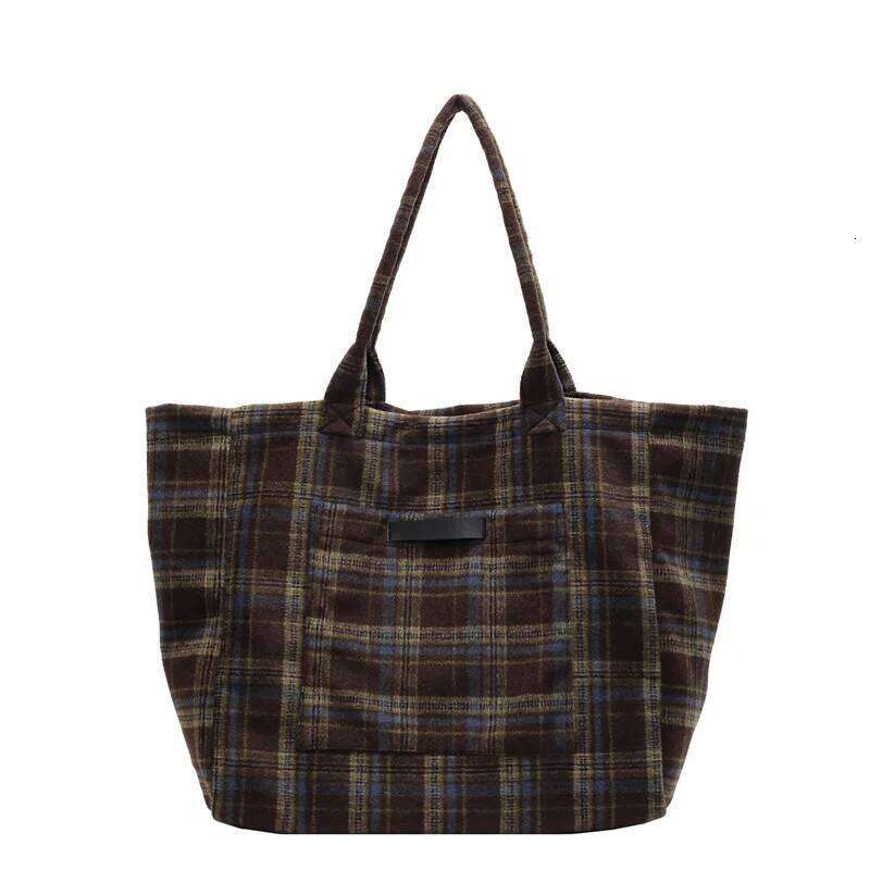 Woolen Plaid Big Women's 2025 New Korean Version Tote College Style Casual Large-capacity Shoulder Bag XJ260306
