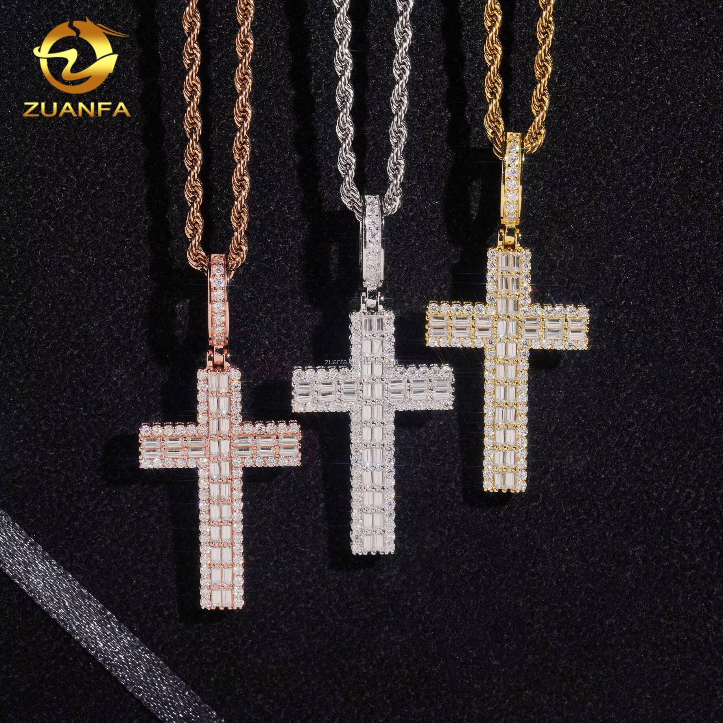 New Arrivals Trendy Fashion Man LuxuryJewelry Hip Hop Pendant S925 VVS1 Baguette Moissanite Diamond Cross Pendant Necklace Set