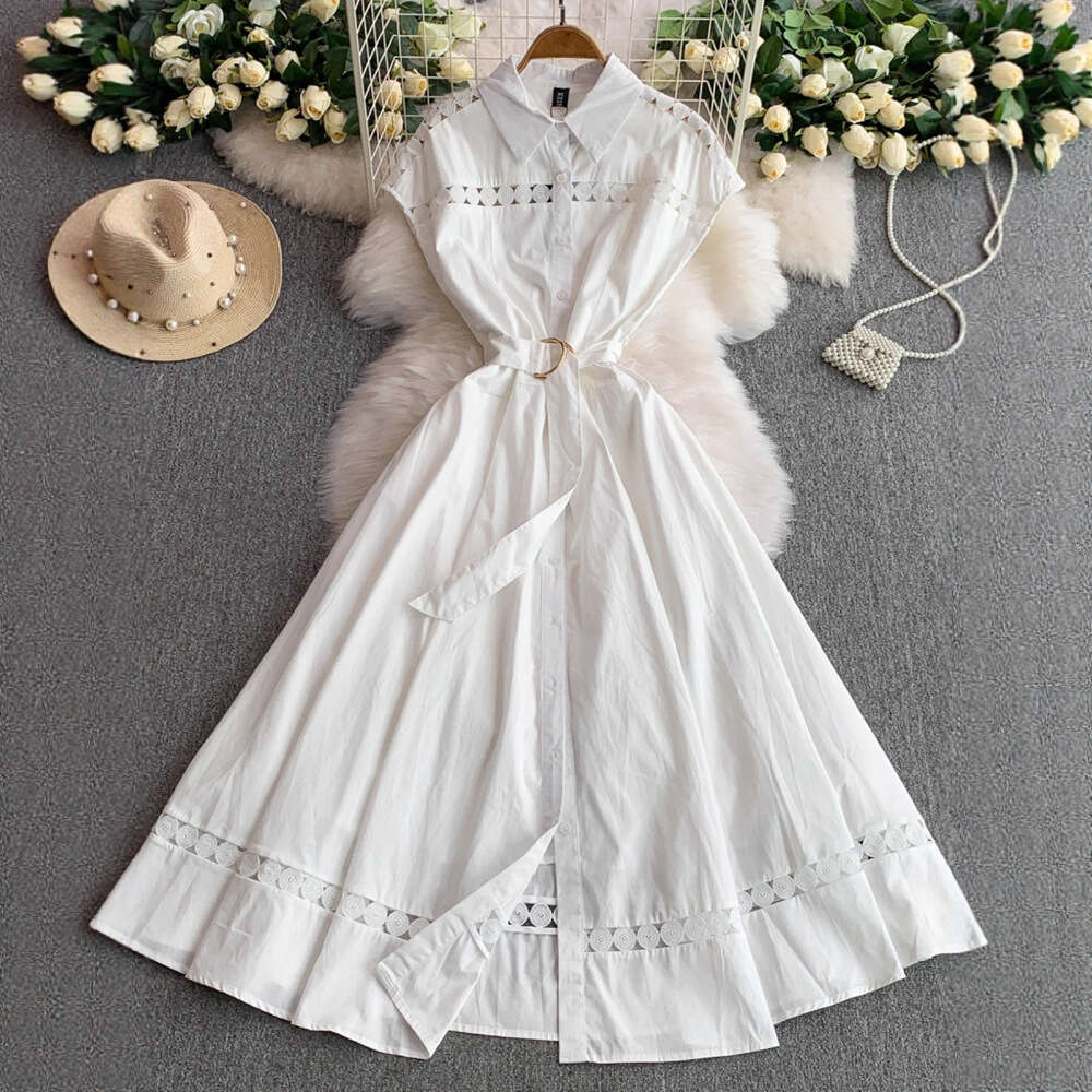 2026 A12 Women's French Retro Style Lace Splicing Sleeveless Summer Button Waist Slimming Dress with Wide Bottom