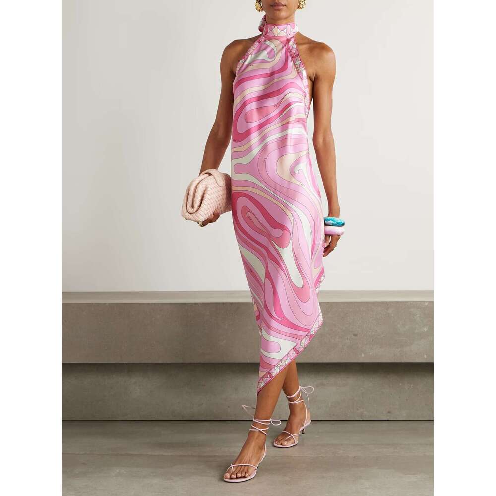 New Summer European and American Sexy Halter Neck Backless Printed Satin Vacation Beach Dress for Women