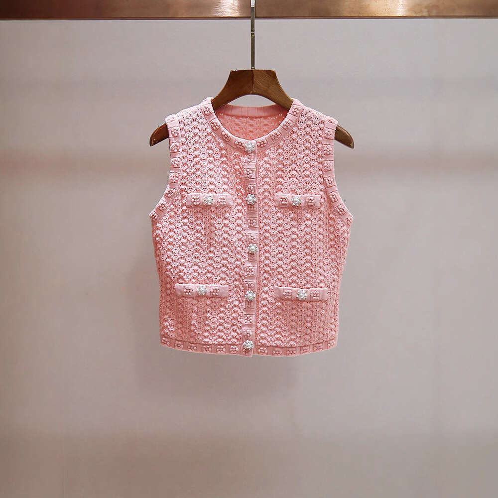 2026 high-end women's spring and summer French niche pink bead hollow single breasted vest knitted sweater