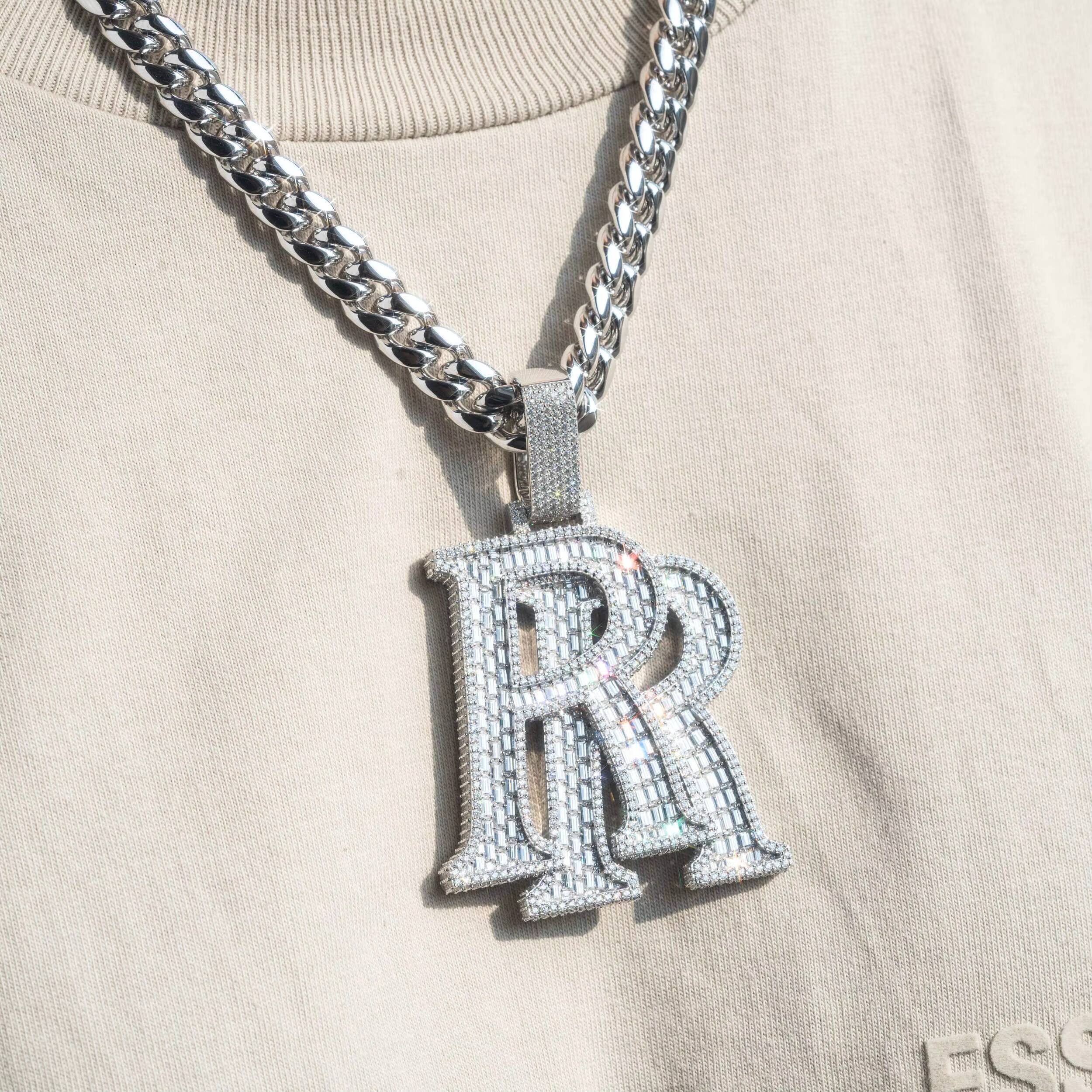 18K WhitePlating 25 Iced Out VVS Moissanite Pendant Hip Hop Rapper Jewelry Double R Initial Pendant With Cuban Chain