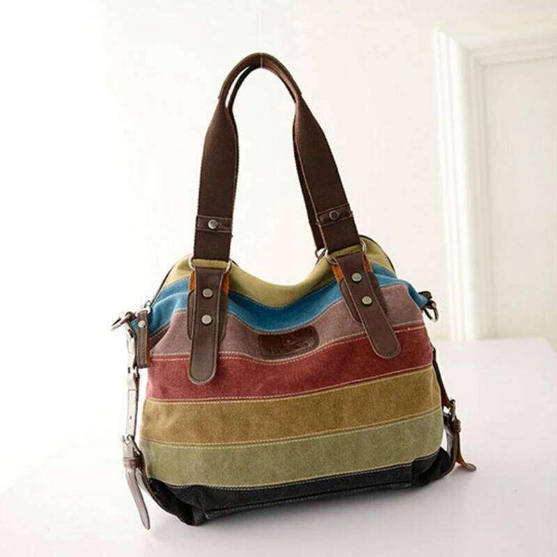 Canvas Totes, Striped Women's Handbag, Patchwork Rainbow Shoulder Bag, Fashion Female Casual Crossbody Bag XJ260306