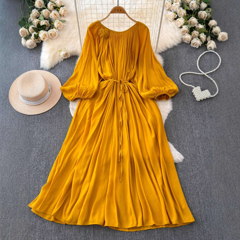 Designer's high-end elegant ladylike temperament fashionable lantern long A12 sleeved round neck waist cinched slimming tie waist A-line smooth d