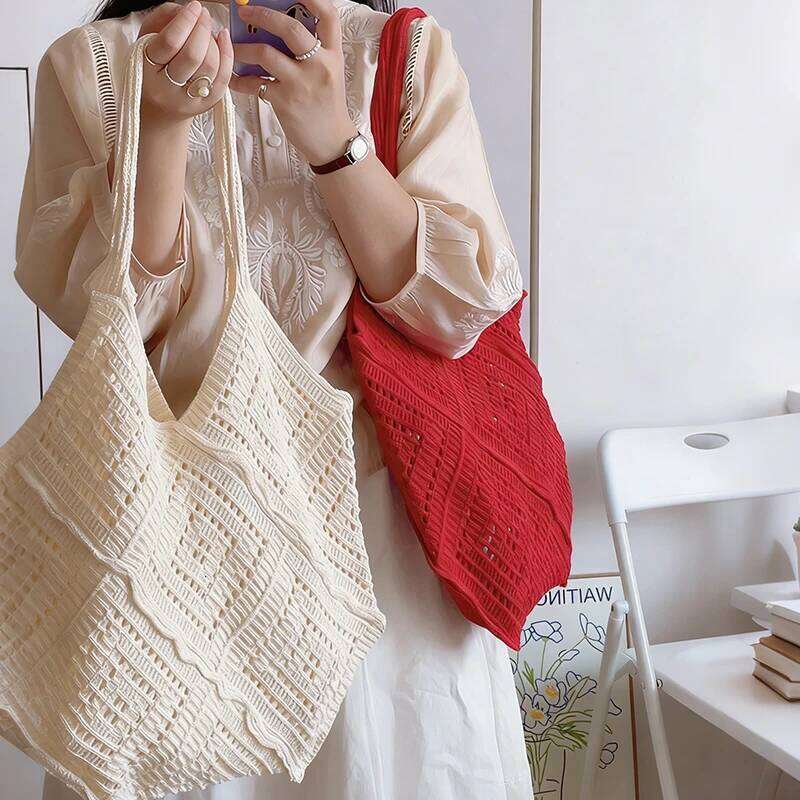 Knit Shoulder Shopping for Women Vintage Cotton Cloth Girls Tote Shopper Bag Large Female Crochet Handbag XJ260306