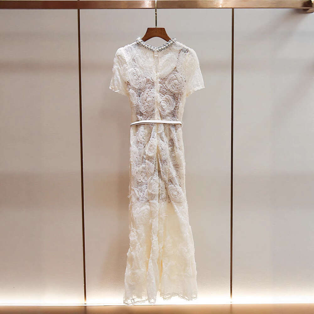 2026 Designer Women's Summer New High end Fashion Heavy Needle Round Neck Lace Medium length Skirt